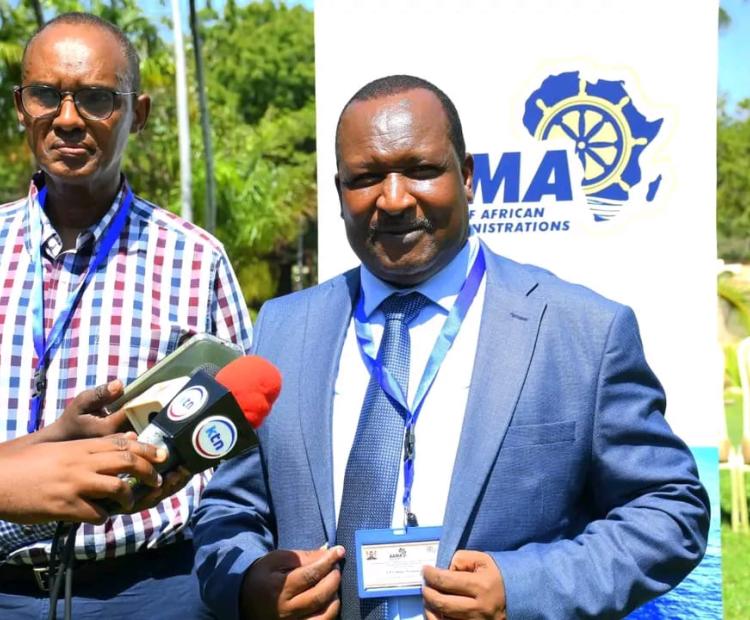 Kenya Maritime Authority Director General addresses the media during the Association of African Maritime Administrations (AAMA) regional meeting in Mombasa on the IMO’s proposed Net Zero Framework.