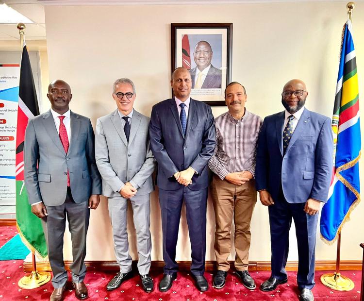 Photo: The Principal Secretary State Department for Shipping and Maritime Affairs Mr. Aden A. Millah, in the middle and in a navy-blue suit, posing for a photo with the delegation undertaking the Regional Policy on Port Security and Safety of Navigation in the Eastern Africa-Southern Africa-Indian Ocean (EA-SA-IO) region.